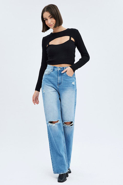 Black Cable Knit Shrug And Singlet Top Long Sleeve