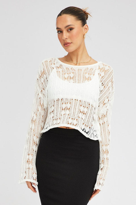 White Knit Top Long SLeeve Crew Neck