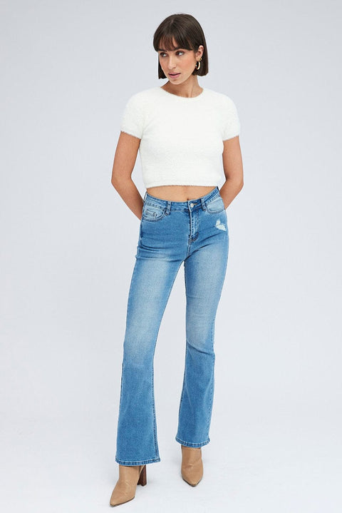 White Fluffy Knit Top Short Sleeve Crew Neck