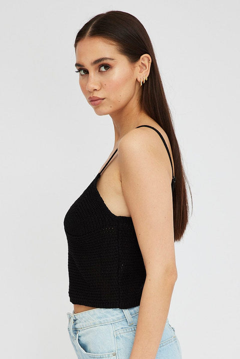 Black Crochet Singlet Top V Neck