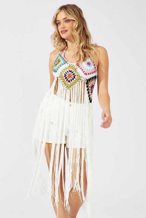 White Crochet Knit Top Tassel