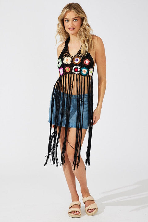 Black Crochet Knit Top Tassel