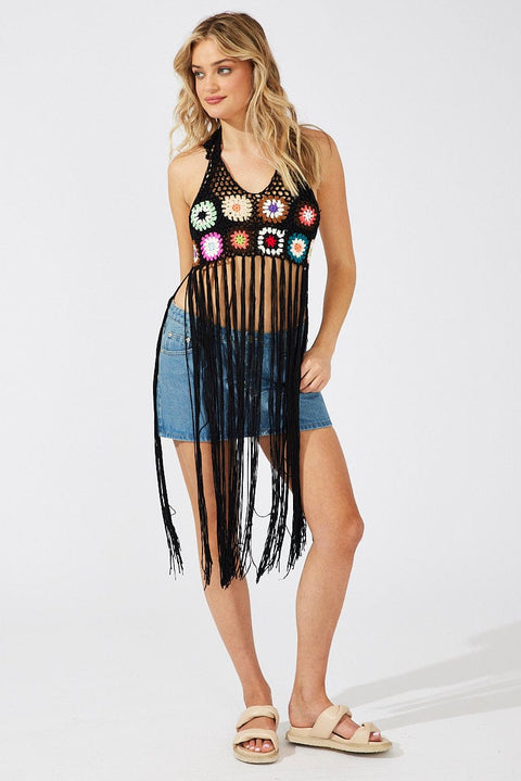 Black Crochet Knit Top Tassel