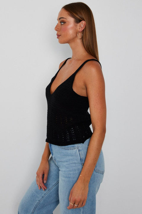 Black Crochet Knit Top Sleeveless V Neck