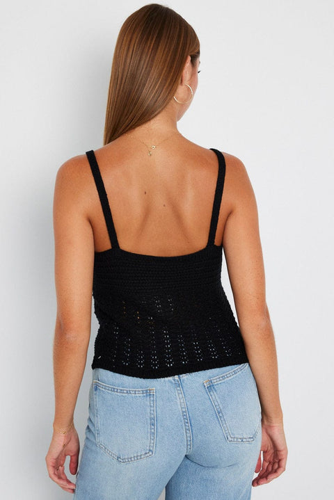 Black Crochet Knit Top Sleeveless V Neck