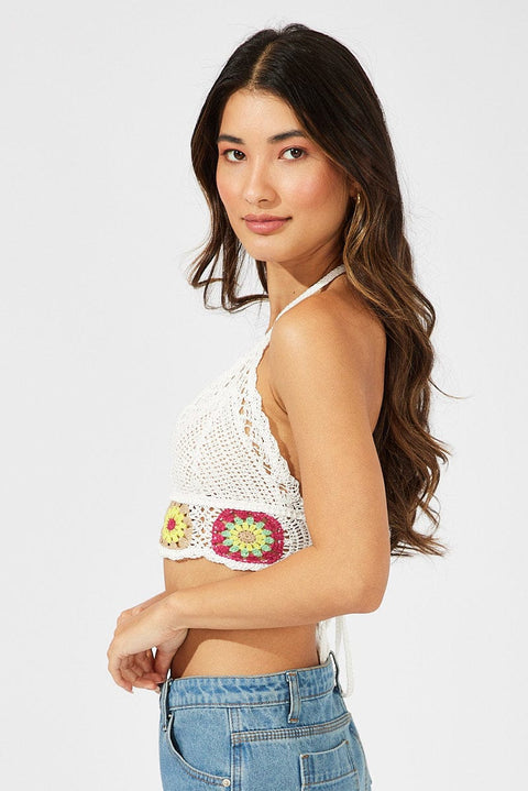 White Crochet Top V Neck