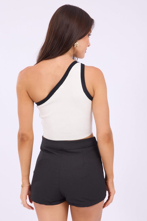 White One Shoulder Knit Crop Top Contrast