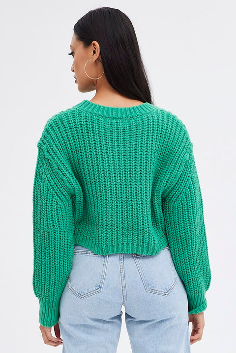Green Knit Top Round Neck Long Sleeve Crop