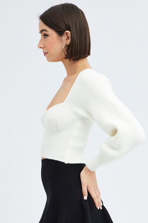 White Knit Top Sweet Heart Neck Volume Sleeve Crop