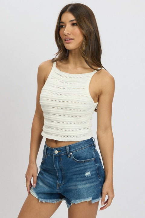 White Crochet Knit Tank Top