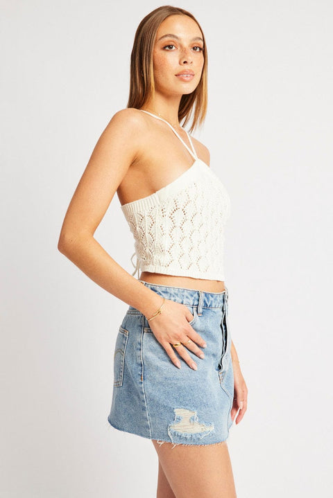 White Halter Neck Knit Top