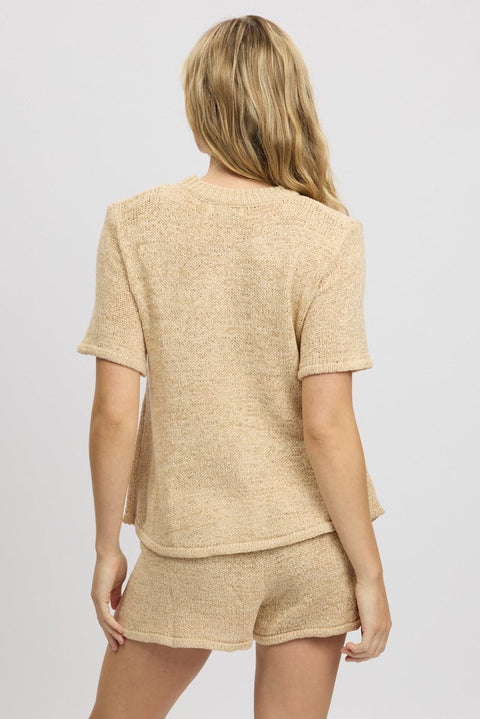 Beige Knit Top Short Sleeve Crew Neck