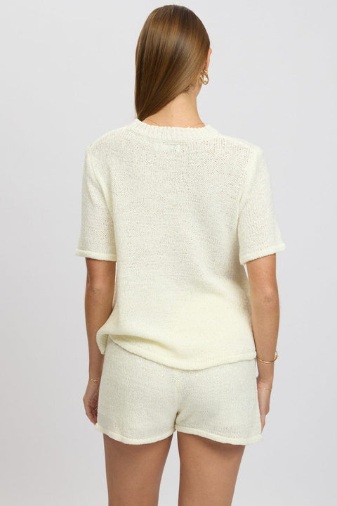 White Knit Top Short Sleeve Crew Neck