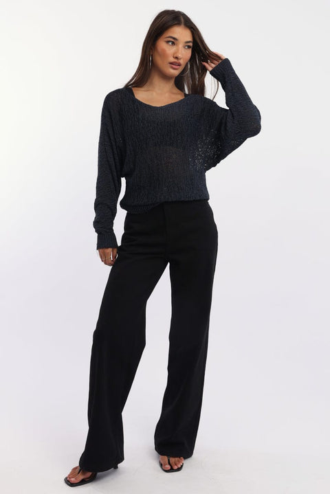 Blue Knit Top Asymmetric Neckline