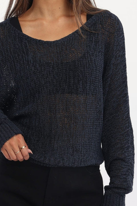 Blue Knit Top Asymmetric Neckline