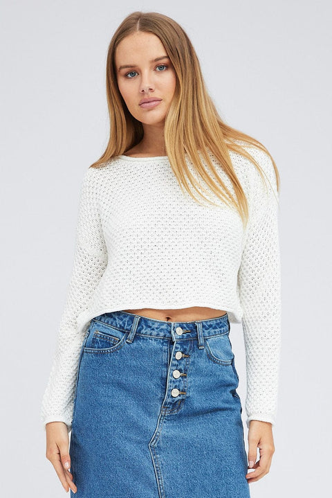 White Knit Top Long Sleeve Crew Neck