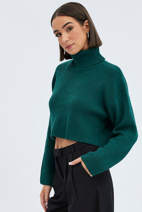 Green Knit Jumper Turtle Neck Crop