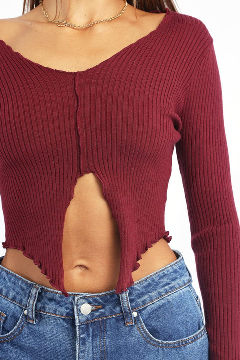 Red Rib Knit V-neck Long Sleeve Top