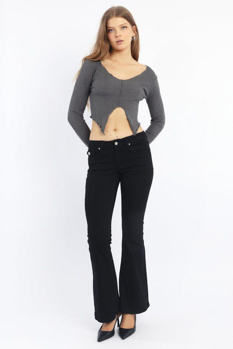 Grey Rib Knit V-neck Long Sleeve Top