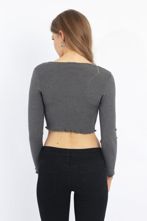 Grey Rib Knit V-neck Long Sleeve Top