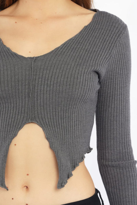 Grey Rib Knit V-neck Long Sleeve Top
