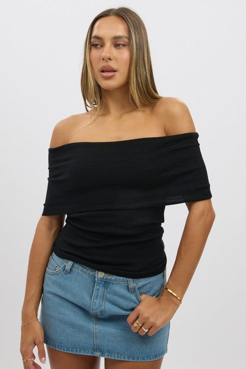Black Bardot Knit Top Short Sleeve