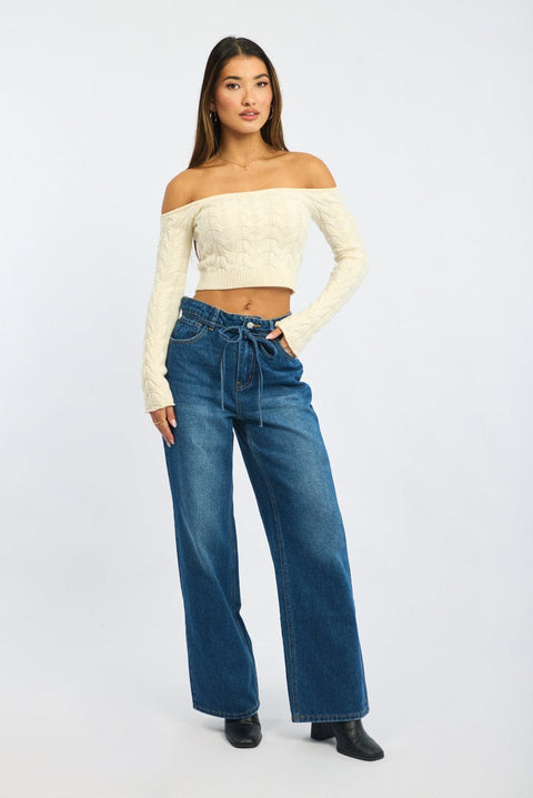 White Cable Knit Top Long Sleeve Off Shoulder