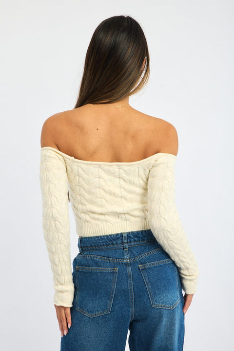 White Cable Knit Top Long Sleeve Off Shoulder