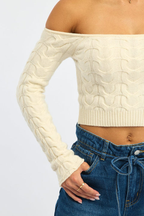 White Cable Knit Top Long Sleeve Off Shoulder