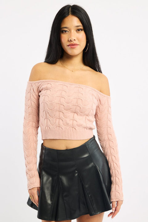 Pink Cable Knit Top Long Sleeve Off Shoulder