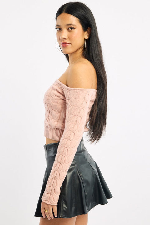 Pink Cable Knit Top Long Sleeve Off Shoulder