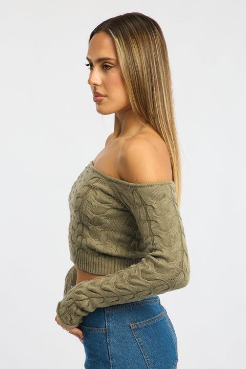 Green Cable Knit Top Long Sleeve Off Shoulder