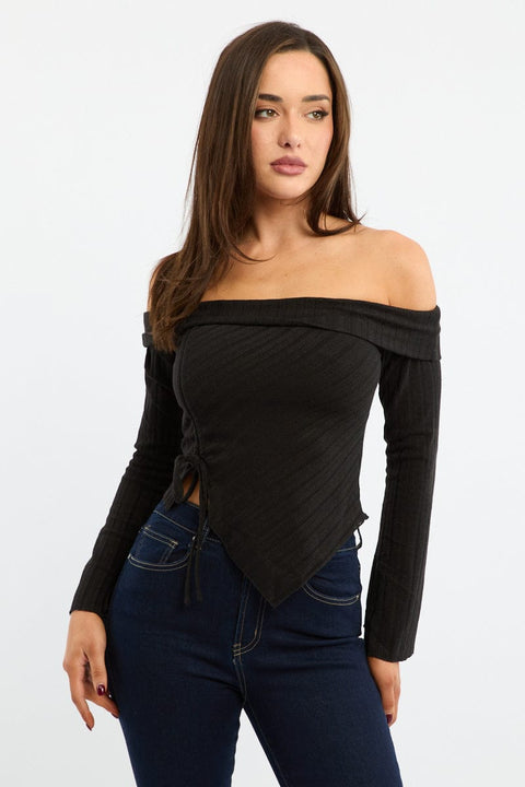Black Off Shoulder Top Long Sleeve Ruched