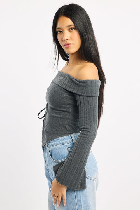 Grey Off Shoulder Top Long Sleeve Ruched