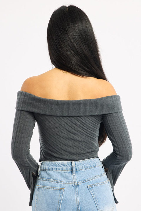 Grey Off Shoulder Top Long Sleeve Ruched
