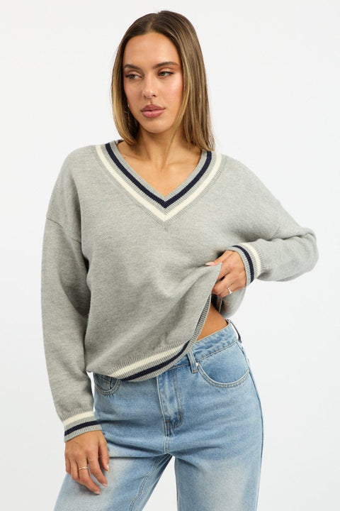 Grey Knit Jumper Long Sleeve V-neck