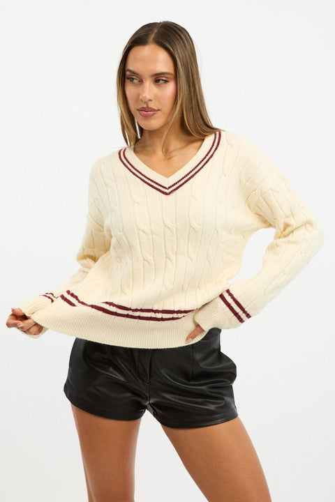 White Cable Knit Top Long Sleeve V-neck