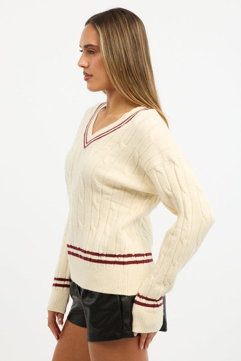 White Cable Knit Top Long Sleeve V-neck