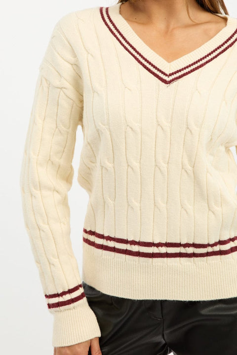 White Cable Knit Top Long Sleeve V-neck