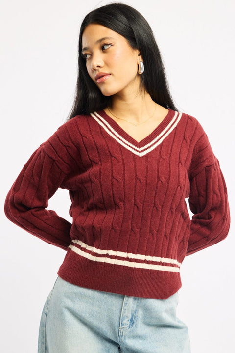 Red Cable Knit Top Long Sleeve V-neck