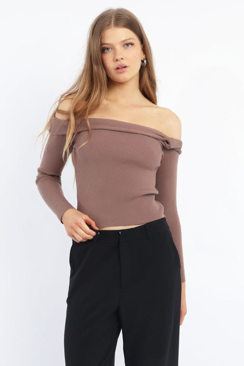 Brown Knit Top Long Sleeve Off Shoulder