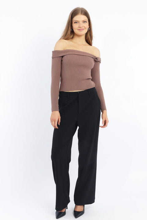Brown Knit Top Long Sleeve Off Shoulder