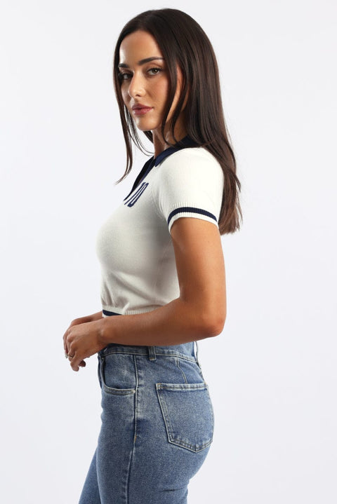 White Knit Top Short Sleeve Collared