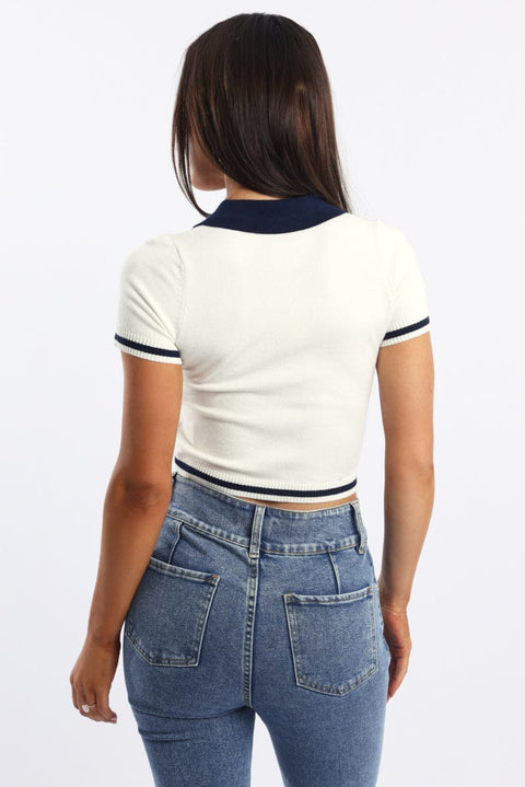 White Knit Top Short Sleeve Collared