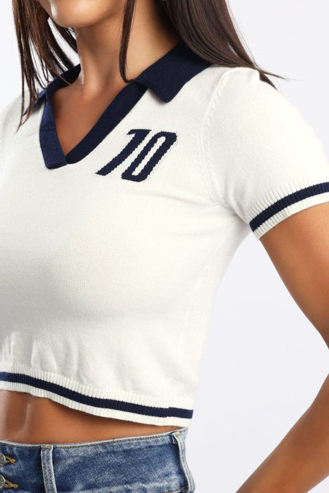 White Knit Top Short Sleeve Collared