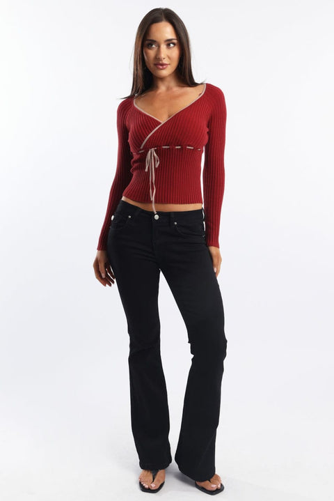 Red Knit Top Long Sleeve Wrap Front Contrast Ribbon