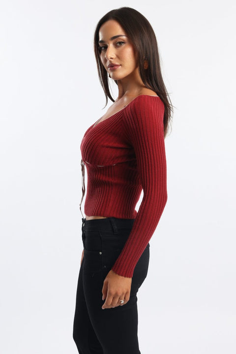 Red Knit Top Long Sleeve Wrap Front Contrast Ribbon