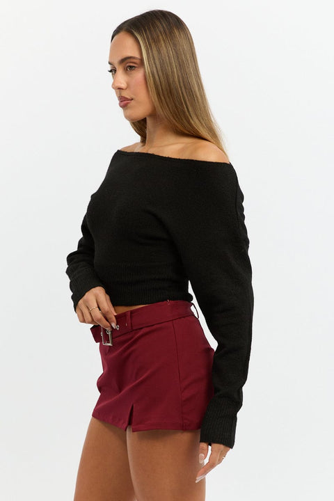 Black Knit Top Off Shoulder Long Sleeve