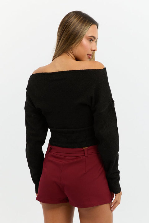 Black Knit Top Off Shoulder Long Sleeve