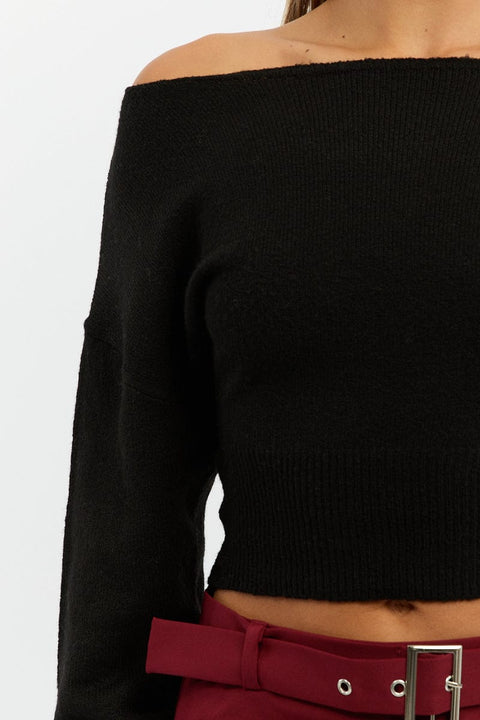 Black Knit Top Off Shoulder Long Sleeve
